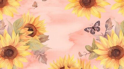 Fototapeta na wymiar a watercolor painting of sunflowers and a butterfly. generative ai
