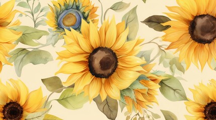 Fototapeta na wymiar a painting of sunflowers with leaves and flowers on a white background. generative ai