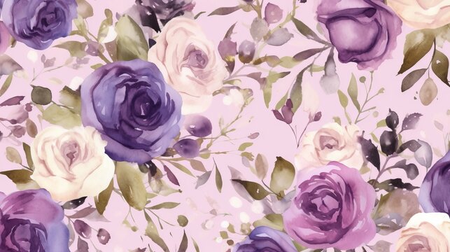  a bunch of purple and white roses on a pink background.  generative ai