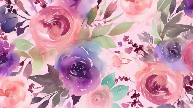  a watercolor painting of a bunch of flowers on a pink background.  generative ai