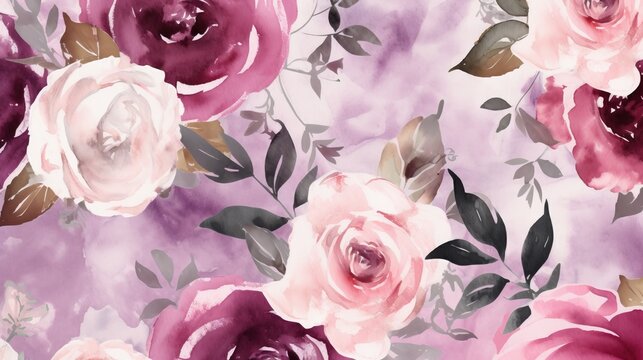  a watercolor painting of pink roses on a purple background.  generative ai