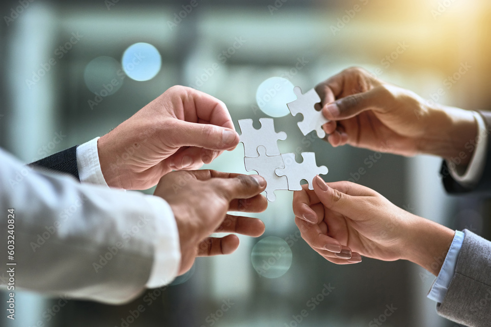 Aufkleber Solution, puzzle and group of people hands for business goals, project integration and workflow or success. Team building, progress and development of person problem solving, synergy or collaboration