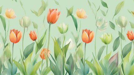  a painting of orange and white tulips with green leaves.  generative ai