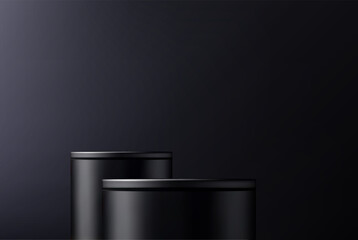Black cylindrical podium on a dark background. Empty cylinder stage for product demonstration and promotion, platform vector mockup.