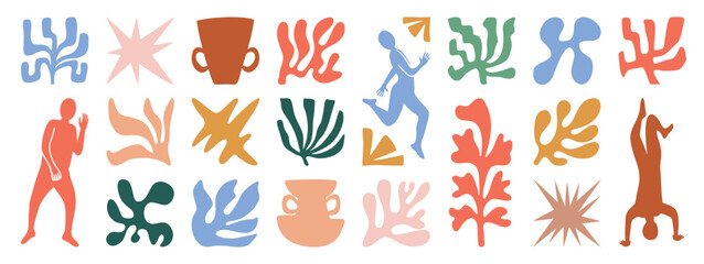 Fototapeta na wymiar Set of abstract organic shapes inspired by matisse. Plants, leaf, people, algae, vase in paper cut collage style. Contemporary aesthetic vector element for logo, decoration, print, cover, wallpaper.