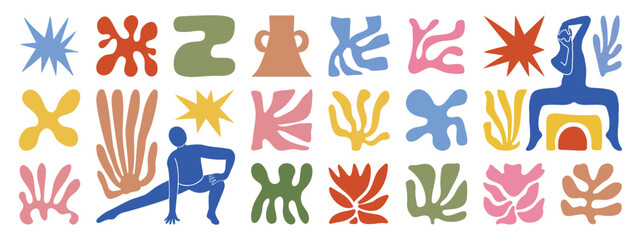 Set of abstract organic shapes inspired by matisse. Plants, leaf, people, algae, vase in paper cut collage style. Contemporary aesthetic vector element for logo, decoration, print, cover, wallpaper.