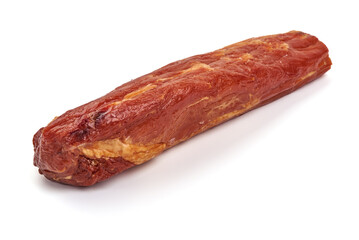 Smoked pork tenderloin, isolated on white background.