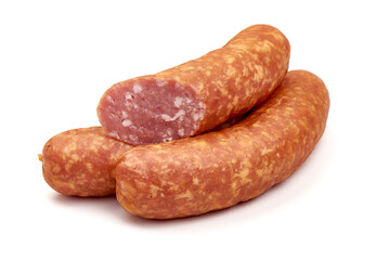 Smoked sausages for grill, isolated on white background. High resolution image.