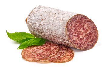 Italian salami with mold, isolated on white background.
