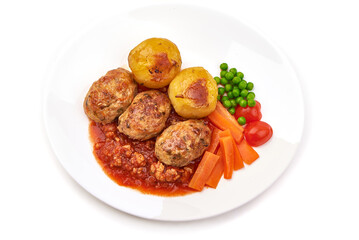 Baked meatballs with tomato sauce, isolated on white background.