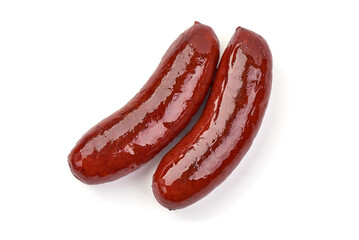 Smoked german sausages, isolated on white background.