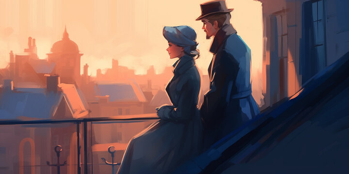 Young couple in love looks at the city from the roof. Illustration in retro style. ai generated