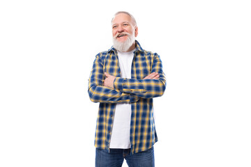 Fototapeta premium handsome 60s middle aged gray-haired man with a beard on a white background