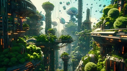 Eco-futuristic cityscape concept full with greenery, skyscrapers. Generative AI