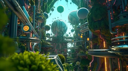 Eco-futuristic cityscape concept full with greenery, skyscrapers. Generative AI