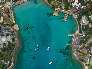 Fototapeta premium Ayayorgi Coast White Beach Drone Photo in the Summer Season, Cesme Izmir Turkey (Turkiye)