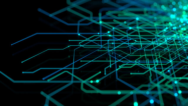 Computing Concept with Technical Grid. Blue and Green Futuristic Geometric Lines.