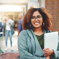 Portrait, university and woman with a laptop, outdoor and education with career development, growth...