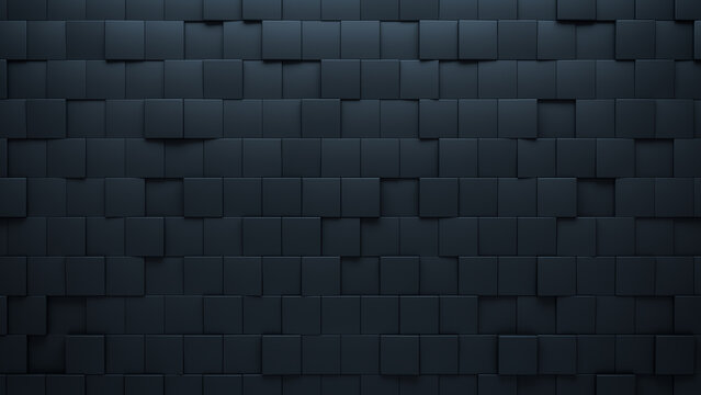 Semigloss, Square Wall background with tiles. Black, tile Wallpaper with 3D, Polished blocks. 3D Render