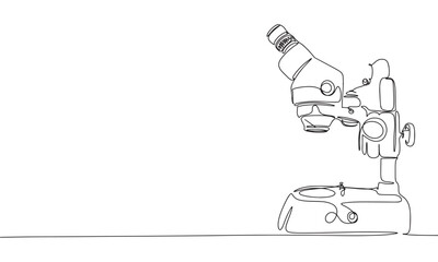 Microscope as one line drawing banner. Continuous hand drawn minimalist minimalism design isolated on white background vector illustration.