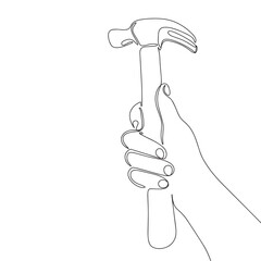 Hammer in hand as one line drawing banner. Continuous hand drawn minimalist minimalism design isolated on white background vector illustration.