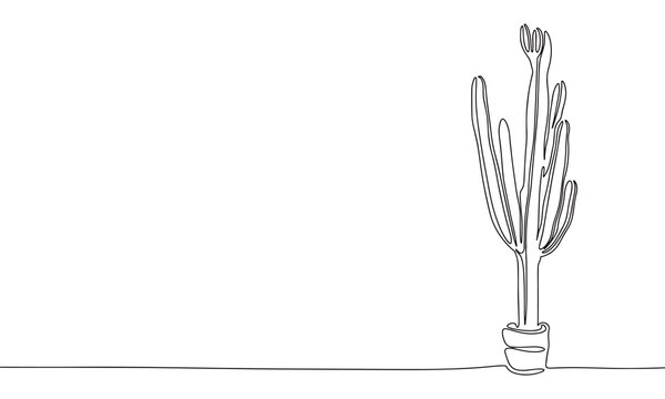 recommend clip art: Cactus in pot as one line drawing banner. Continuous hand drawn minimalist minimalism design isolated on white background vector illustration.