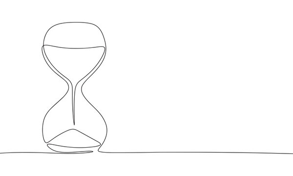 Hourglass or sand clock as one line drawing banner. Continuous hand drawn minimalist minimalism design isolated on white background vector illustration.