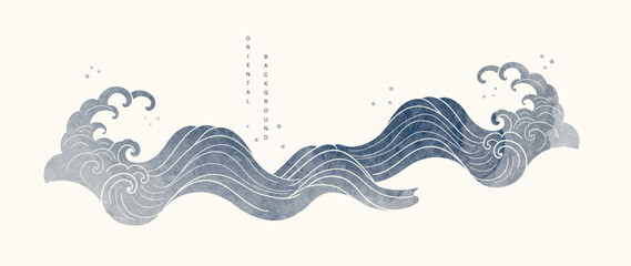 Luxury oriental style background vector. Chinese and Japanese wallpaper pattern design of landscape, sea wave, watercolor, line art. Minimal design illustration for decoration, wall decor, banner.