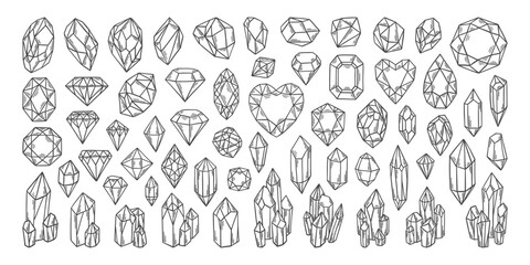 Gems doodles set. Diamonds, brilliants and crystals. Diamonds shapes collection. Gems patch badges set. Crystal, quartz, jewelry precious stones. Rhinestones doodles.