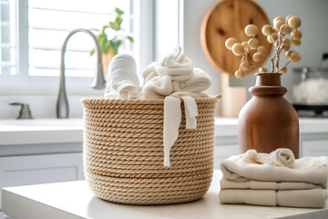 Fototapeta premium Contemporary Elegance: A Stylish Rope Laundry Basket with a Modern Twist in the Bathroom