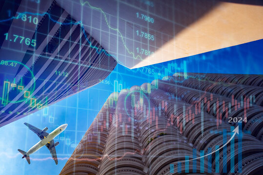 Double exposure airplane commercial and cargo business with building real estate investing and stock market chart growth graph infographic business concept. 