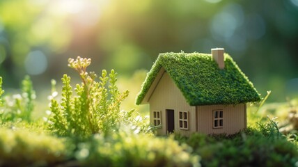 Green home. Concept for ecologically efficient and green dwelling. a tiny wooden home set between ferns, moss, and springtime grass on a beautiful day. GENERATE AI
