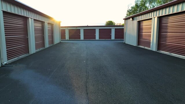 Aerial of self-storage units in USA. American rental buildings for month rental arrangement.