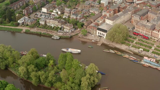 Cinematic establishing aerial shot over Steamer Paddle ship in Richmond West London