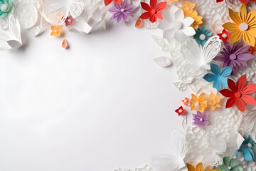 empty white paper with colorful decorations frame border, paper cut style flowers, insanely detailed, Generative AI