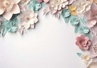 paper cut style pastel flowers as a colorful decorations frame border on an empty white paper, Generative AI