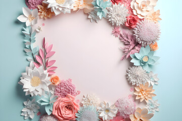 colorful pastel floral decorations frame border around empty pink paper copy space on light blue background, Generative AI