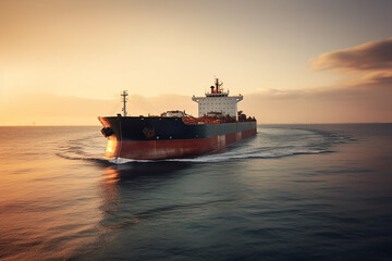 Obraz premium Aerial front view of a loaded container cargo vessel traveling over calm ocean. Generative AL