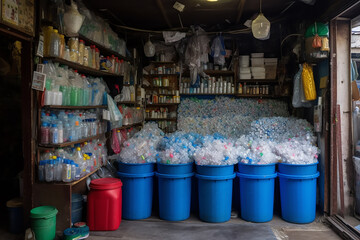 Fototapeta premium food warehouse with plastic PET bottles with beer, water, drinks. Generative AL