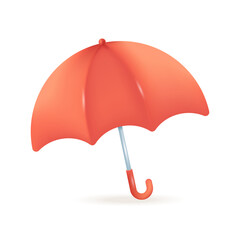 Red umbrella 3d vector illustration. Colorful accessory for rainy weather on weekend in cartoon style isolated on white background. Weather forecast, meteorology concept