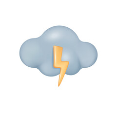 Cloud and lightning 3d vector illustration. Thunderstorm warning on weekend in cartoon style isolated on white background. Weather forecast, meteorology concept