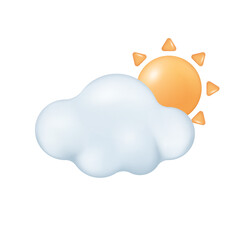 Sun behind cloud 3d vector illustration. Sunny and cloudy day on weekend in cartoon style isolated on white background. Weather forecast, meteorology concept