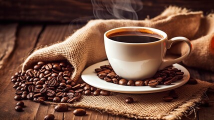 White, steaming coffee cup with heart-shaped background on an antique table with bags of coffee beans. GENERATE AI
