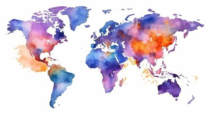 Fototapeta na wymiar Colorful world map in watercolor style. Generative AI.