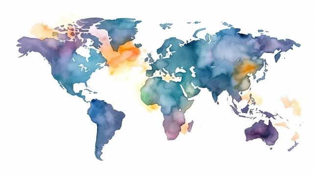 Colorful world map in watercolor style. Generative AI.