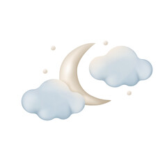 Crescent moon in clouds 3d vector illustration. Clear or cloudy weather at night in cartoon style isolated on white background. Weather forecast, meteorology concept