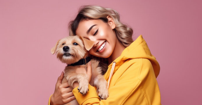 A pretty young woman finds joy and comfort in the embrace of her beloved dog, her best friend, against a studio yellow backdrop. Generative AI
