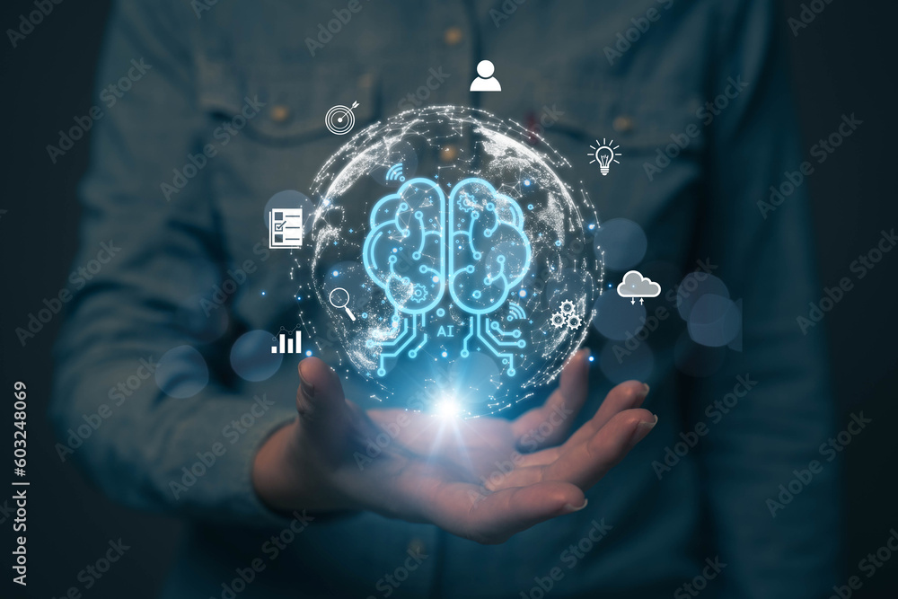 Poster chatbot chat with ai artificial intelligence. concept of using ai technology to help work in order t