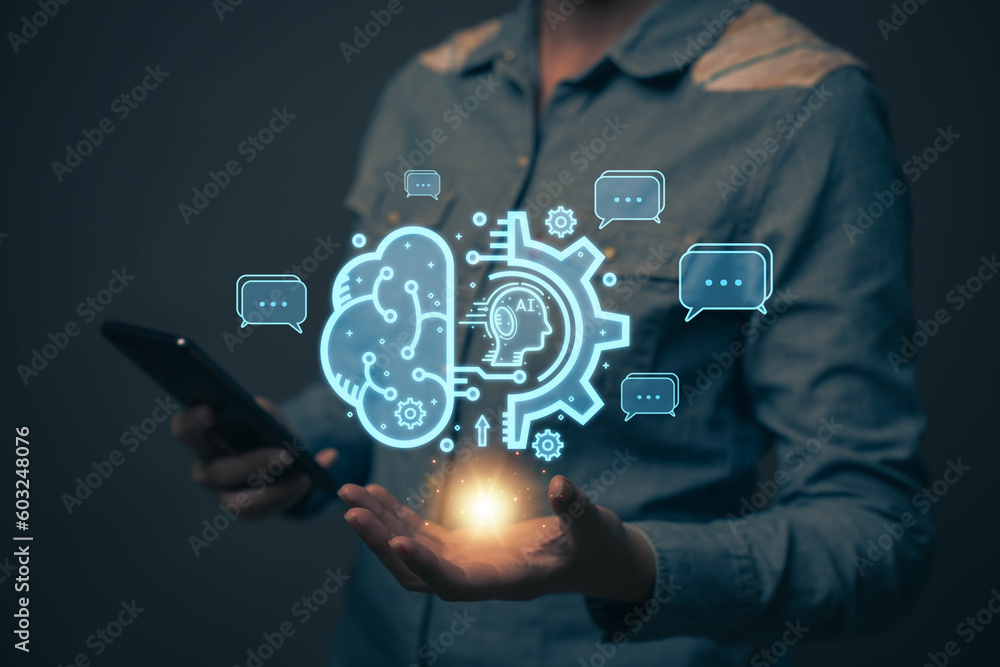 Poster chatbot chat with ai artificial intelligence. concept of using ai technology to help work in order t