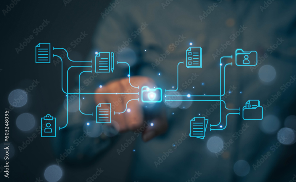 Poster businessman touching a shield icon with his finger. data file protection lock concept with online sy